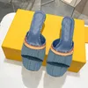 Denim print slipper hoge hiel muilezel slippers lichtblauwe sandel topkwaliteit lederen dia's schoenen vrouwen zomer strandschoenen brief geborduurde gestreepte slip-on schoenen