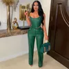 Women's Two Piece Pants Leather 2 Sets Women Outfit 2024 Sleeveless Zipper Strapless Crop Top And Wide Leg Suit Birthday Night Club Outfits