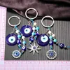 Keychains Lanyards Blue Evil Eye Star Flower Keychains Keyring Women Men Glass New Vintage Hollow Round Turkey Lucky Eye Beads Bag Car Gift Jewelry Y240417