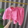 Kläder sätter barn 2024 Baby Boys Casual Spring Autumn Fashion Girl Cotton Pink Long Sleeved Jacket Pants 2st Set Outfits