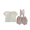 Наборы одежды 2024 EST Kids девочки Summer Comting Color Ruffles Top Toe Tees клетчатые ремешки для детей младенца дети