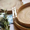 Wicker Fruit Plates Round Decorative Tray Rattan Storage Basket With Wooden Handle Bread Cake Food Plate Serving For Home 230607