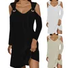 Casual jurken 2024 Dames Solid Color Unique Cut Out Out Out Elegante jurk lange mouwen lange mouwen uit schouder mini knie lengte vestidos