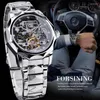 Wristwatches Forsining 199A Men's Luxury Design Skeleton Stainless Silver Steel Wrist Watch Clock Automatic Mechanical Male Watches Gift