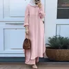 Ethnic Clothing Fashion 2 Pieces Muslim Women Suits Elegant Temperament Solid Long-sleeved Shirt And Wide Leg Pants Long Robe Two Piece Set