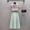 Vestidos de trabalho Office de verão Lady Lady Rouse Graceful Mulheres coreanas listras elegantes camisetas Terno Saias de duas peças 2024 Manga curta fina de malha fina