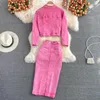 Autumn Women Pink Denim Sets Lapel Long Sleeve Short Jacket High Waist Skirt Korean Female Two Piece Set Streetwear 240408