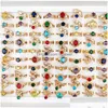 Solitaire Ring Charm 20pcs / lot Colorf Natural Stone Rings Zircon Band for Women and Men Mixed Style Fashion Jewelry Wedding Party Gi Dhi7o