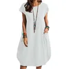 Summer Fashion Womens Large Size Comfortable Holiday Cotton And Linen Pocket Dress