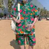 Tils-trajes masculinos Summer Northeast Big Flower Camisa de estilo chinês de mangas curtas Praça de praia Terno de 2 peças