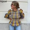 Women's Blouses Yojoceli Fitness Summer Plaid Shirred Blouse Round Neck Ruffle Casual Crop Tops Elegant Sweet T Shirt Women Blusas