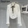 Blouses féminines 2024 Spring Classic Style Lace Edge Ribbon Tie Design Elegant Socialite Shirt White Blouse Office Lady Top Blusas