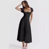 Womens Summer Puff Sleeve Solid Color High End French Dress for Women