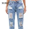 Frauen Jeans Xuru - Europäischer und amerikanischer Distressed Wear Trendy gewaschene weiße mittlere Taille Long K1-6236