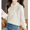 Women's Blouses QOERLIN Chines Style Buckle Pearl Beaded Blouse Women 2024 Spring Autumn Long Sleeve Lace Shirts Female Casual Soft Tops