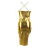 Abiti casual Shiny Gold in pelle oro Donne midi sexy cinghia sexy bodycon irregolare abbigliamento 2024 eleganti donne da festa da festa