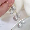 Dangle Küpe Charm Gri Barok İnci 18K Kulak Damla Kanca Kuff Bohem Gençler Erkekler Unisex Klipsli Elmas Boncuklu Gelin