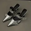 Dress Shoes Punk Metal Decorative High Heels 2024 Pointed Toe Silver 6cm Women's Sandals Fashion Trend Sexy Party Mules Slippers