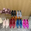 Zapatos de vestir 2024 Tacones de verano Sandalias para mujeres Pombas puntiagudas puntiagudas de dedo del pie satén Rhinestone Weddal Weddal Mujer delgado