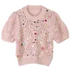 Sparkly trui met korte mouwen met een holle ontwerp voor vrouwen, designer New Summer Knitwear