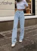 Jeans dritti miukomiya Donne ad alta vita High Streetwear Bugnino azzurro pantaloni da donna jeans bianco gamba per donne 240415