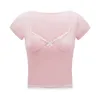 Women's T Shirts Y2k Lace Trim Crop Top Women Summer Square Collar Short Sleeve Tees Coquette Aesthetic Sweet Slim Tops Clothes