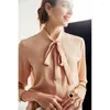 Women's Blouses Tops Silk Floral Office Formal Casual Dress Shirts Plus Large Size Spring Summer Sexy Haut Green Pink Bow Tie