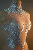 Stage Wear Sparkly Rhinestones Bodysuit Kadınlar için Seksi Mesh Dans Kıyafet Performans Kostüm Şarkıcı Dansçı Şovu
