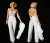 Skräddarsydd spets jumpsuit aftonklänningar avtagbart tåg qatar 2023 sexig illusion bodice chiffong backless strand brudklänningar4017145