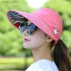 Visors Rimiut Elegant Large Brim Flower Printed Sun Hat for Women Travel Beach Casual Summer Hats Show Ponytail Outside Sports Caps Y240417