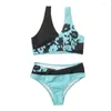 Kvinnors badkläder Cross Contrast Color Bikini Women 2024 Summer V-Neck 2-Piece Swimsuit Flower Print Beach Backless Bathing Suit Y242