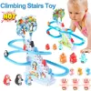 Kids Electric Climbing Stairs Toy DIY Small Dinosaur Rail Racing Track Music Roller Coaster Duck Toy For Baby Kids Gift 240318