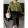 Women's Blouses Elegant Green Satin Shirts Hollow Long Sleeved Shirt Loose Folded Raglan Top