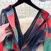 Casual jurken Elegant zomervakantie strand lange jurk boho vrouwen sexy v nek stropdas kleurstof bloem print chiffon lantaarh mouw split maxi gewaad