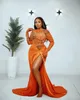 2024 ASO EBI Orange Mermaid Prom Dress Crystals High Split Evening Festa formal Recepção 50º Vestidos de noivado de aniversário de 50º Vestidos