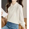 Women's Blouses QOERLIN Chines Style Buckle Pearl Beaded Blouse Women 2024 Spring Autumn Long Sleeve Lace Shirts Female Casual Soft Tops