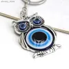 Keychains Lanyards EVIL EYE Alloy Owl Pendant Keychain Turkish Evil Eye Key Chain Bag Car Keyring for Women Men llavero porte cl Y240417