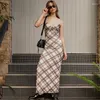 Casual Dresses American Style Pure Desire Low-Cut Sexy Slip Dress Vintage Checkered Printed Slim-Fit Mid Length Long All-Match