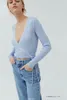 Kvinnors T-skjortor franska sexiga hemlagade spetskant Deep V Neck Feminin crossover Up Tread Stretch Long Sleeve Cardigan T-shirt