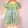 Dziewczyna sukienki dla dzieci sukienka dla dziewcząt 2024 Summer Baby Princess Yarn Korean Fashion Bubble Sleeve Green Party Cute Sun 2-8 lat