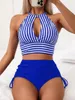 Women's Swimwear Striped High Waist Bikinis Women 2024 Cut Out Neck Two Pieces Swimsuit With Shorts Separate Bikini Set Swim Bathing Suits