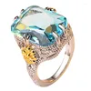 Con piedras laterales azules grandes princesas cortadas anillos de cristal plateado para mujeres compromiso de niña joya de regalo de regalo de cumpleaños anillo de lujo