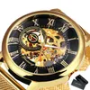 Armbandsur Forsining Classic Retro Mechanical Watches Luminous Hands Luxury Skeleton Watch for Men Black Mesh rostfritt stål Rem klocka