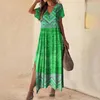 Casual Dresses Beach Dress Bohemian Style Semester Maxi med 3D -tryckningsslösta för sommarkvinnor Löst V -hals Korta ärmar plus storlek