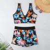 Women's Swimwear Floral Leaf Print V Neck High Stretch 2 Piece Tankini Push Up Tropical Tank Top & Waist Junior Bathing Suits Shorts