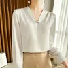 Blouses feminina Mulheres Moda Elegante blusa de seda elegante Camisa casual de decote em V Spring SMERGEM MULHER MULHER INLAIDA PARELA TOP