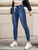 Kvinnors jeans 2024 Autumn Elastic midja Drawstring Slim Fashion High Skinny Ankle-Length Denim Pencil Pants S-2XL