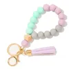 2024 New food grade silicone bead bracelet Wooden bead bracelet key chain PU fringe anti-loss key ring bracelet