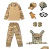 Taktisk jacka sätter kamouflage barn barn uniform CS BDU Set utomhus sport Airsoft Gear Jungle Hunting Woodland Helmet Vest Comba OT95R