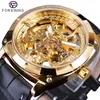 ForSining Golden Skeleton Clock Male Mens Mechanical Wrist Watches Top Brand Luxury Black äkta läderbälte Lysande Hands3829028